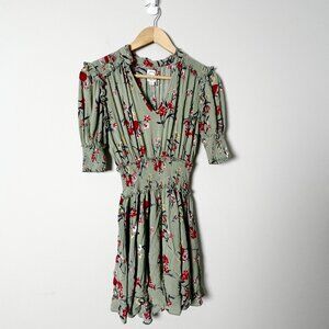 Blue Rain Smocked Floral Green Peasant Dress Small